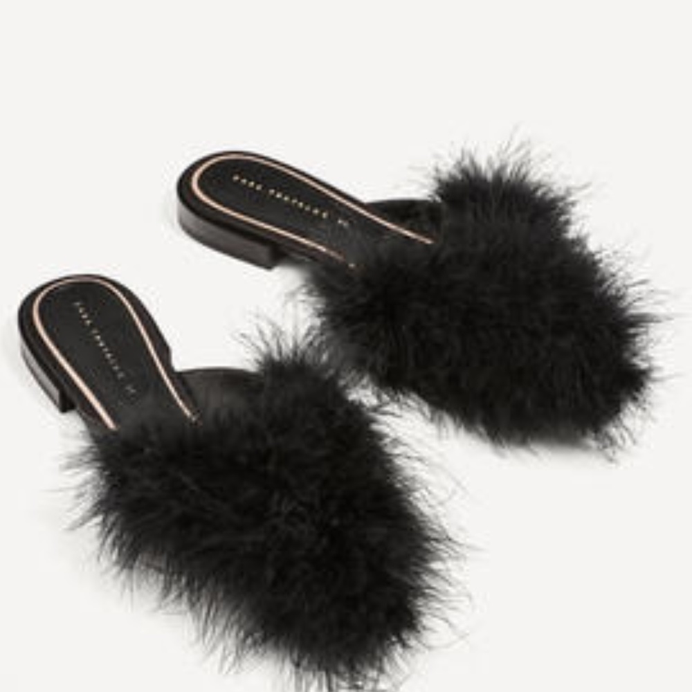 ZARA Black Feather Flat Mules Holiday Wedding 37